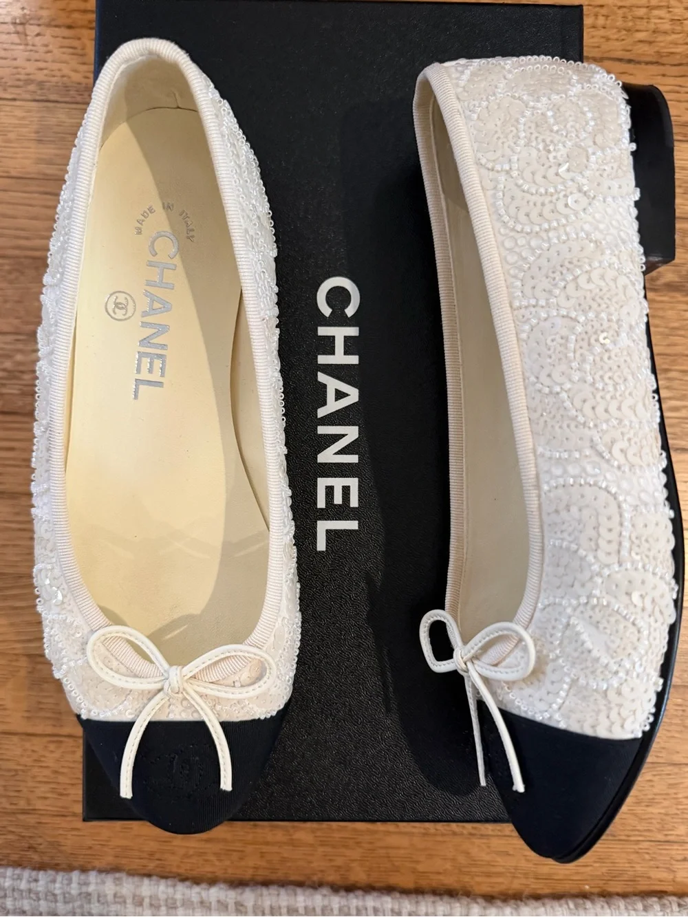 Chanel Women's White Beaded Cap-Toe Ballet Flats